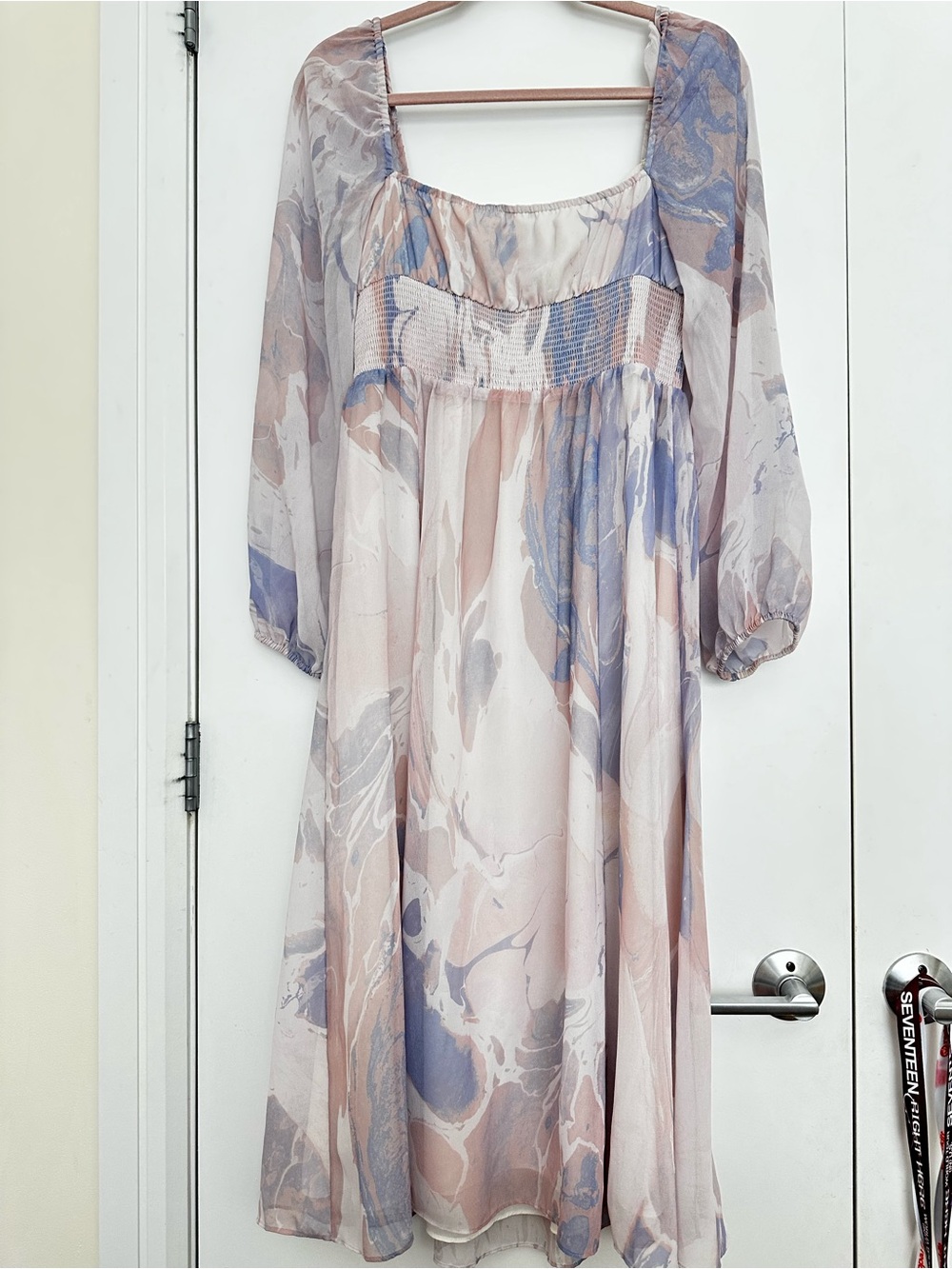 Aritzia Sheer Midi Dress in Blush and Lavender Marble Print